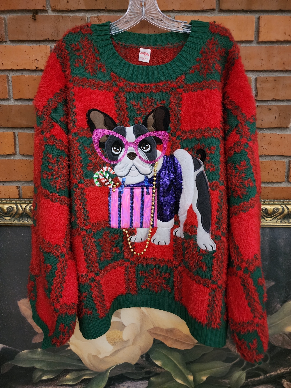 Holiday Time Red & Green Plush Bulldog Sweater with Sequin Accent
